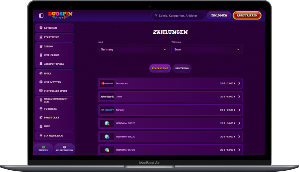 Zahlungsmethoden im Duospin Casino