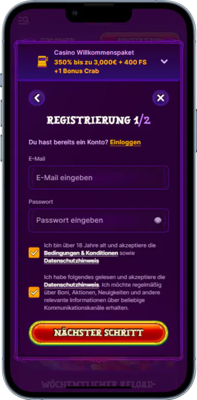 Kontoregistrierungsformular in der mobilen Anwendung des Casinos Duospin