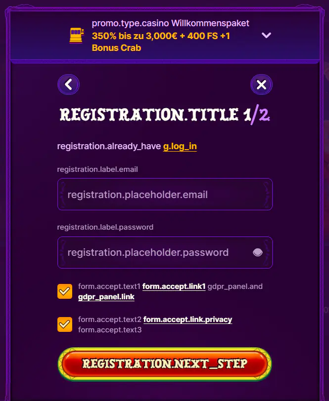 Registrierungsformular für das Duospin Casino-Konto